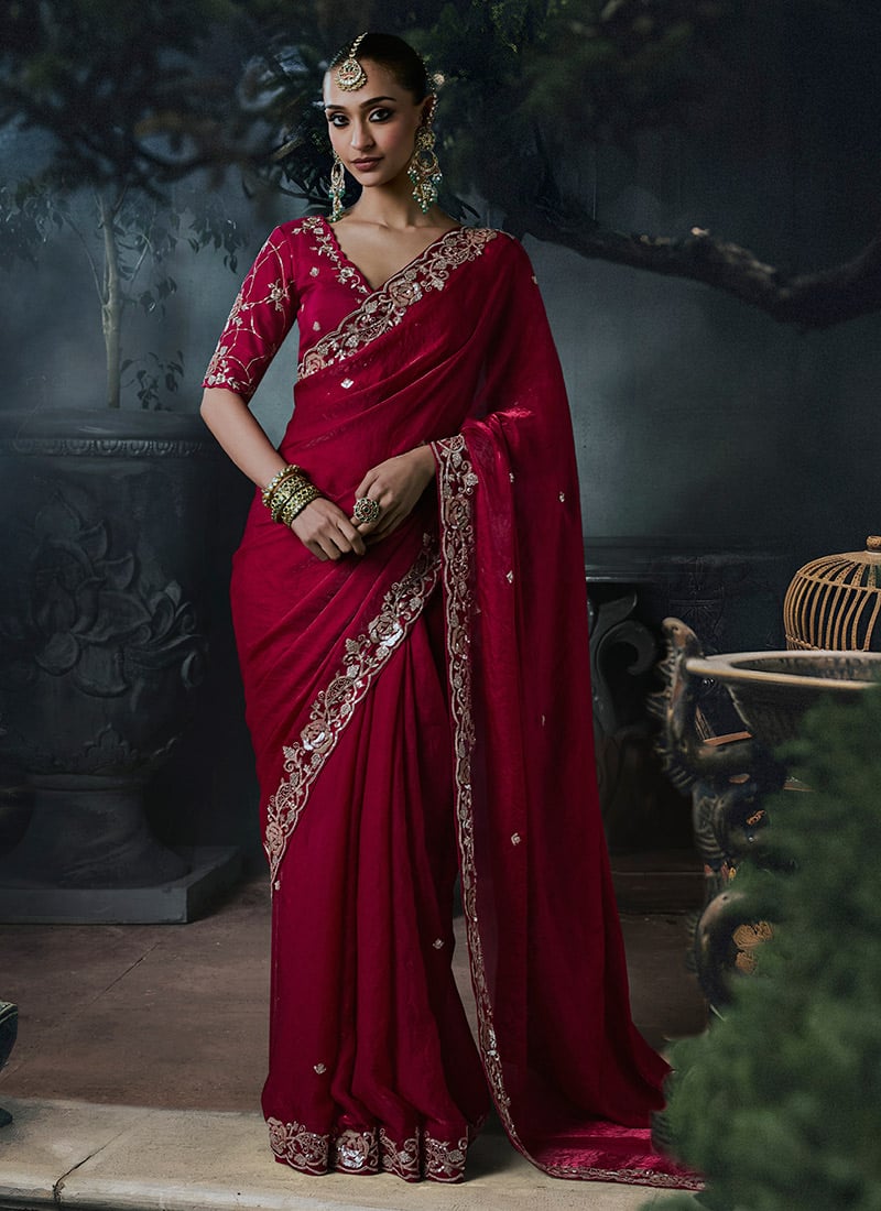 Dark Pink Tissue Silk Heavy Thread Embroidery Sequins Stone Work Saree Wedding Wear