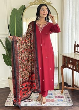 Dark Pink Viscose Rayon Embroidered Straight Pant Suit With Printed Dupatta