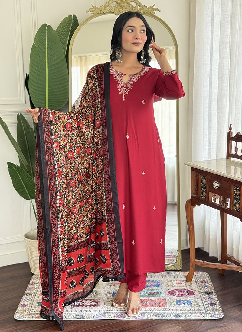 Dark Pink Viscose Rayon Embroidered Straight Pant Suit With Printed Dupatta