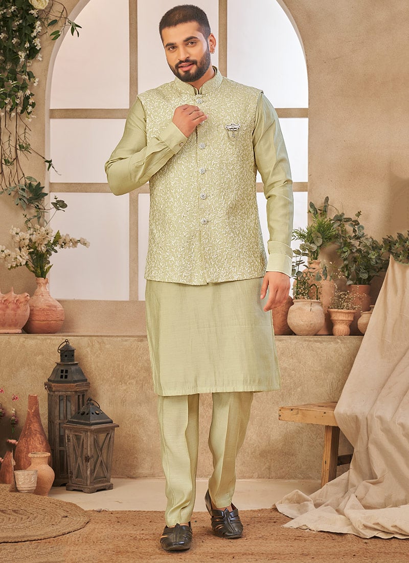 Dark Pista Silk Embroidered Bandi Set Festive Wear