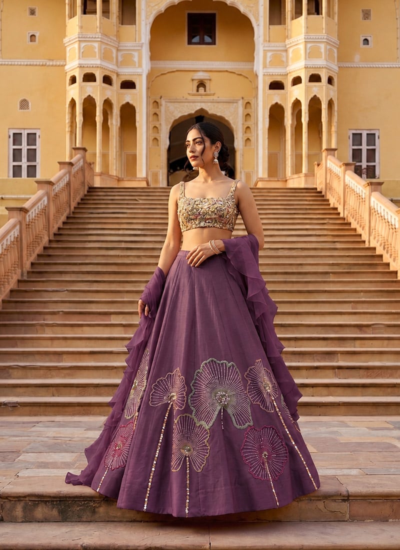 Dark Plum Purple Organza Resham Sequins Stones Beads Lehenga Festive Wear