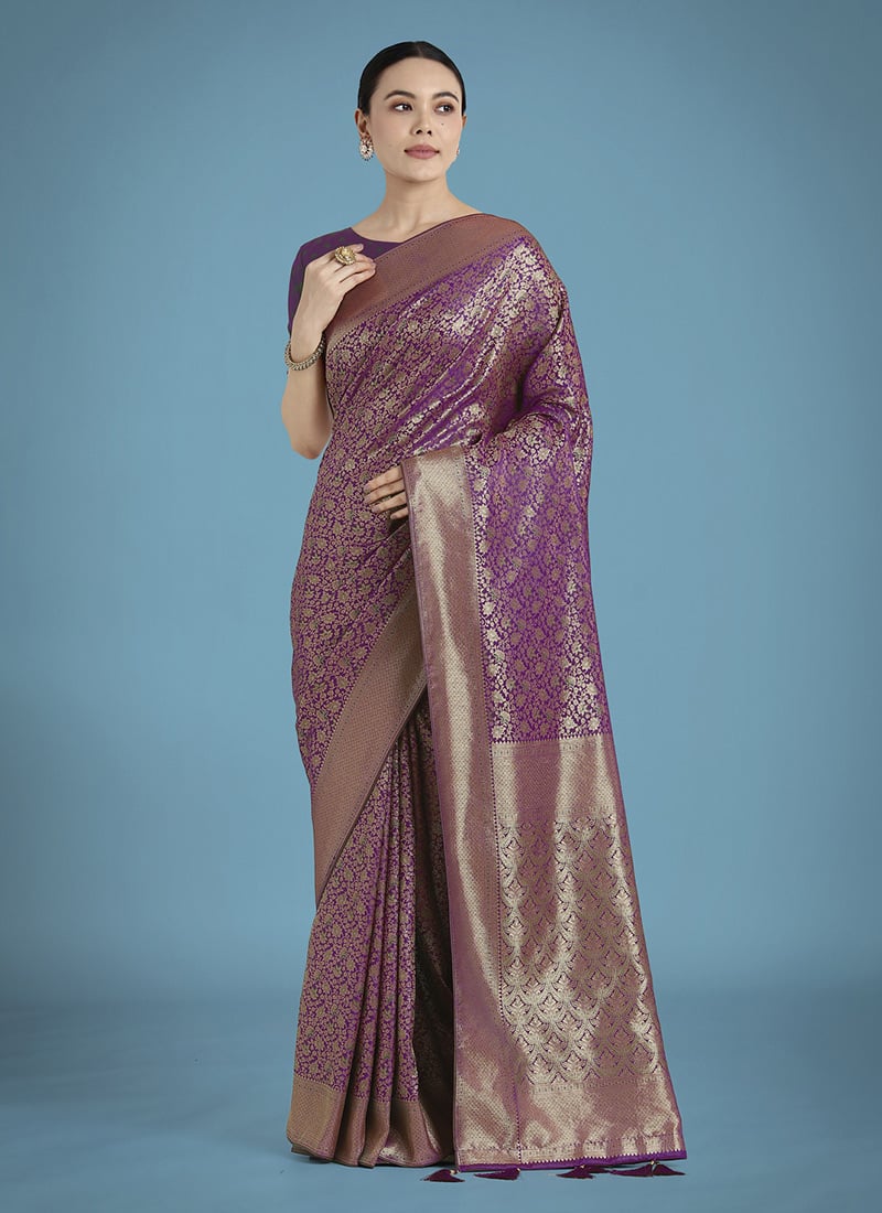 Dark Purple Banarasi Silk Zari Woven Saree Festive Wear