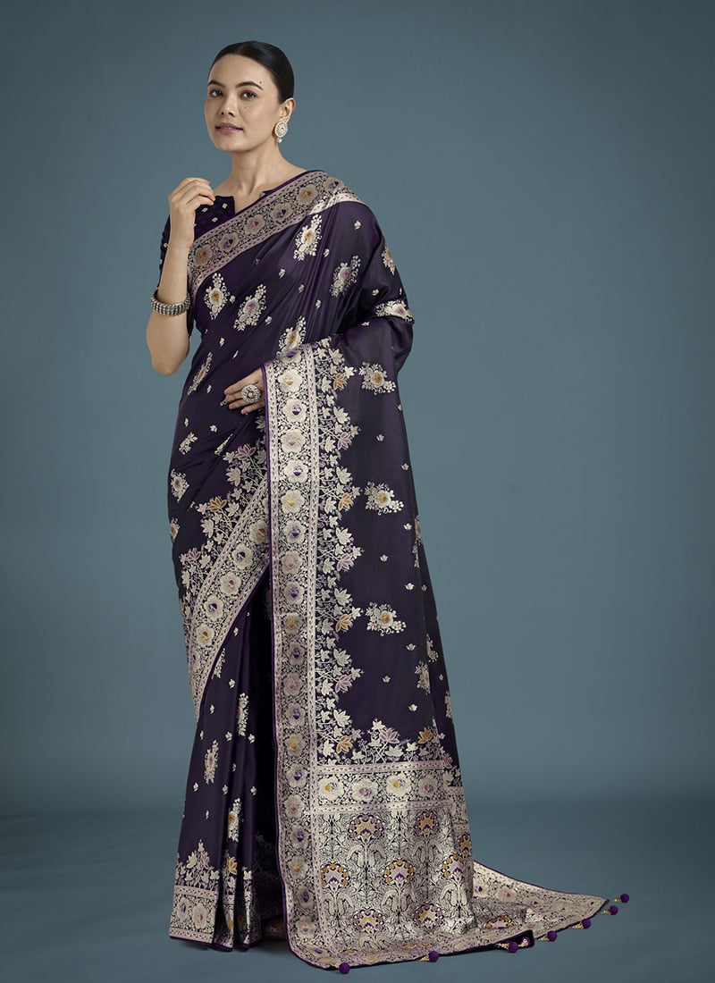 Dark Purple Banarasi Silk Zari Woven Saree Festive Wear