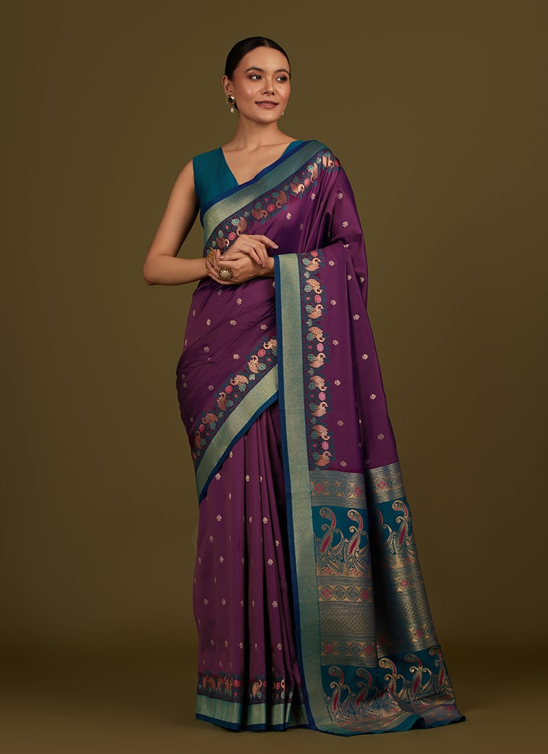 Dark Purple Banarasi Silk Zari Woven Saree Festive Wear