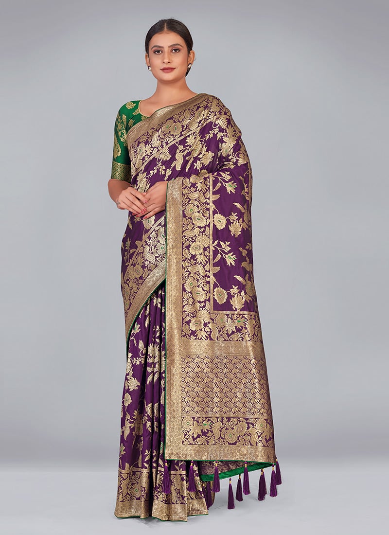Dark Purple Banarasi Silk Zari Woven Saree Festive Wear