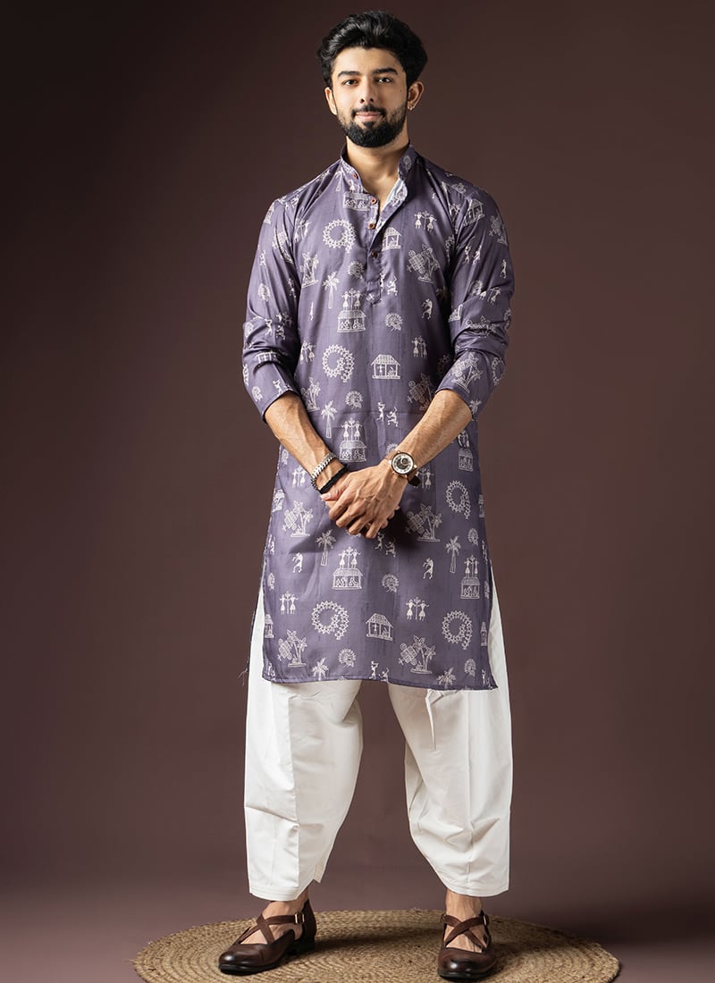 Dark Purple Blended Cotton Printed Kurta Pyjama Festive Wear