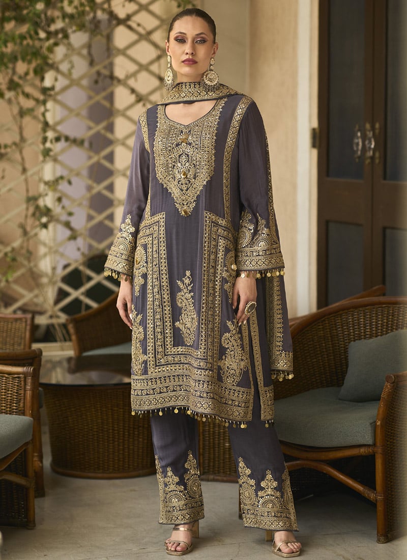 Dark Purple Chinon Embroidered Sequins Pakistani Straight Pant Suit Wedding Wear