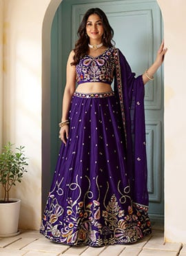 Dark Purple Chinon Lehenga Embroidery And Sequins Work