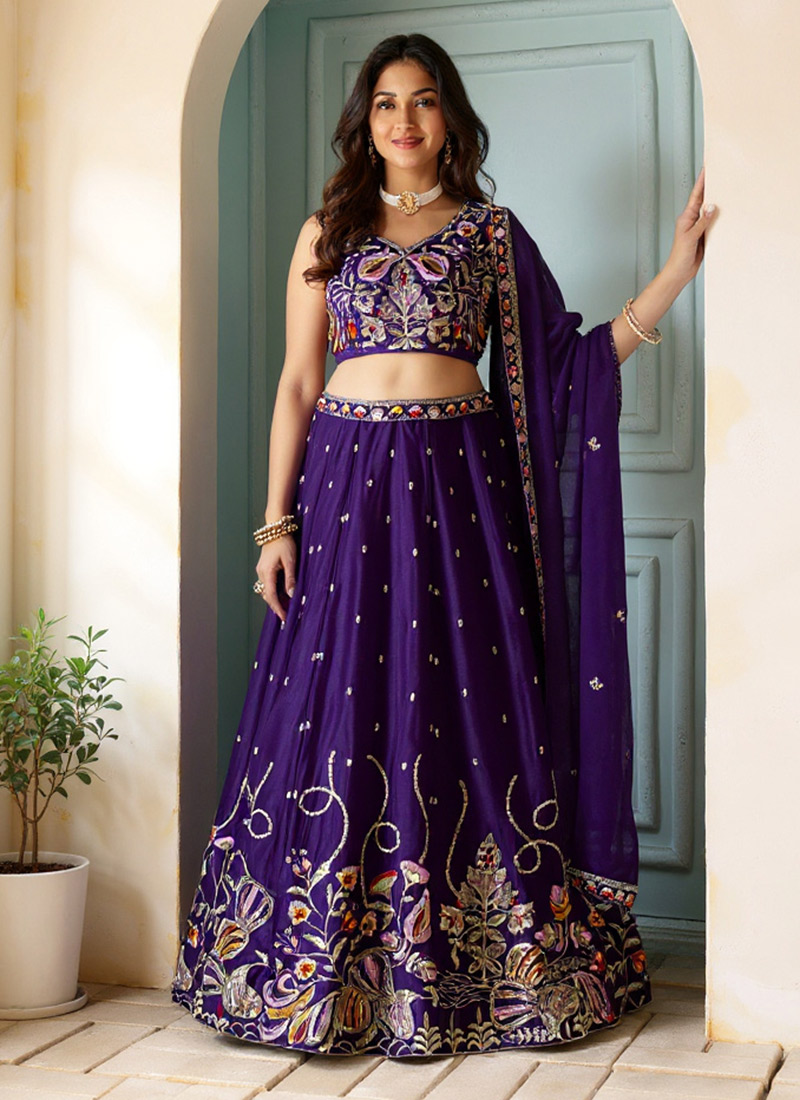 Dark Purple Chinon Lehenga Embroidery And Sequins Work