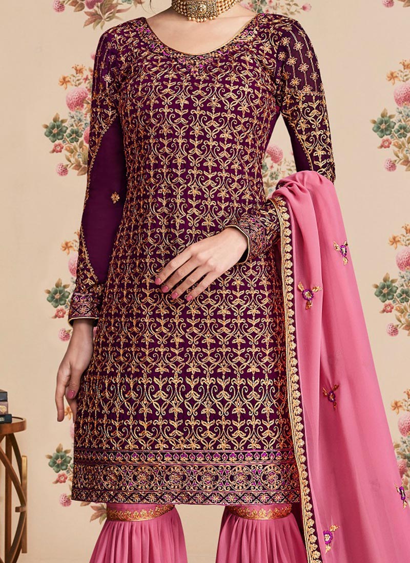 Buy Dark Purple Embroidered Sharara Suit Party Wear Embroidered