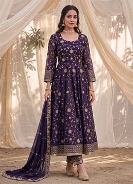 Dark Purple Fandy Silk Zari Sequins Anarkali Suit