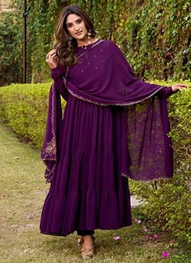 Dark Purple Faux Crepe Foil Print Anarkali Suit