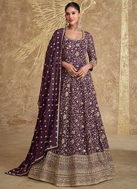Dark Purple Faux Georgette Embroidered Sequins A Line Anarkali Suit For Special Occasions Wedding Wear