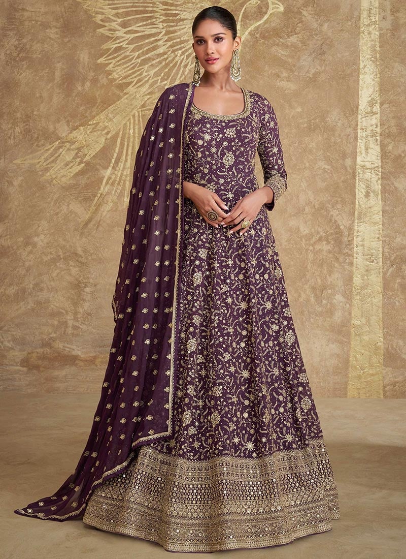 Dark Purple Faux Georgette Embroidered Sequins A Line Anarkali Suit For Special Occasions Wedding Wear