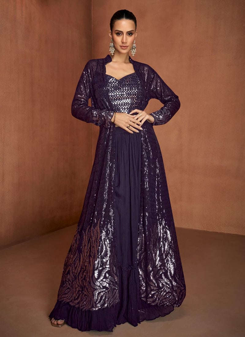 Dark Purple Georgette Embroidered Sequins Indowestern Jacket Palazzo Set Wedding Wear