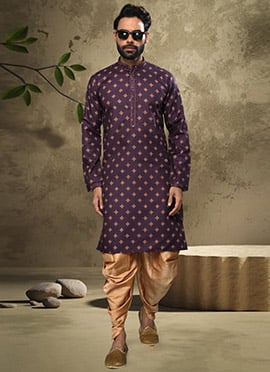 Dark Purple Handloom Cotton Printed Kurta Pyjama