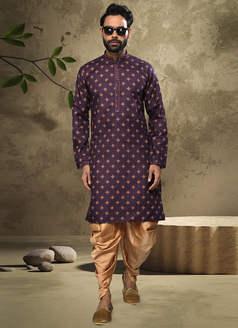 Dark Purple Handloom Cotton Printed Kurta Pyjama Party Wear