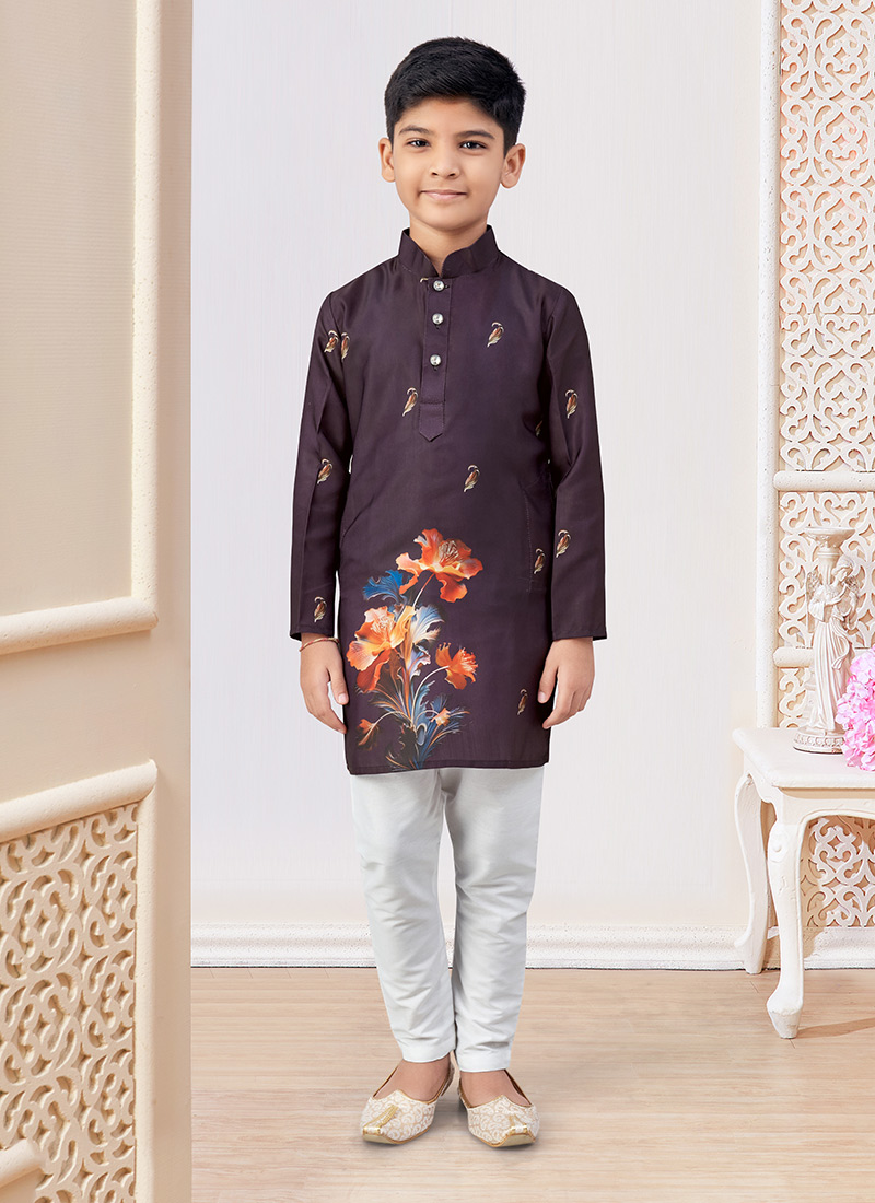 Dark Purple Kenzo Silk Floral Panited Boys Kurta Pyjama Festive Wear