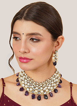 Dark Purple Kundan Moti And Beads Necklace