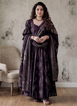 Dark Purple Muslin Botanical Printed Anarkali Suit