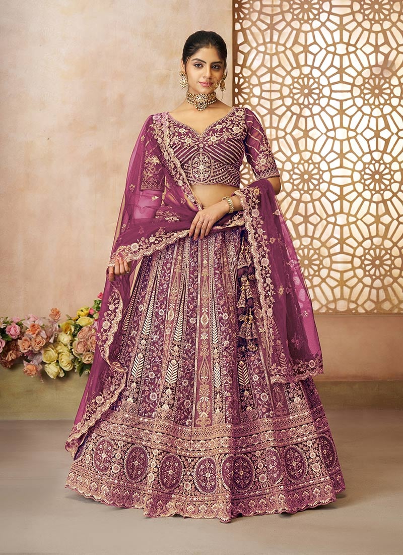 Dark Purple Net Zari Embroidered Sequins With Stone Work Lehenga Wedding Wear