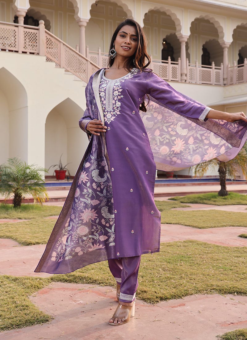 Dark Purple Shimmer Silk Embroidered Sequins Straight Pant Suit With Jacquard Digital Print Dupatta Festive Wear