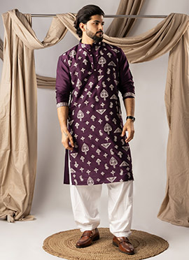Dark Purple Silk Embroidered Kurta Pyjama For Men