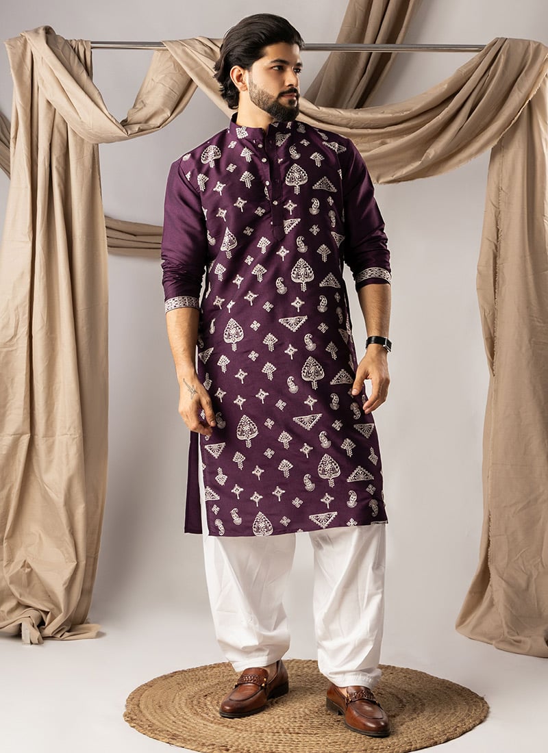 Dark Purple Silk Embroidered Kurta Pyjama For Men Festive Wear