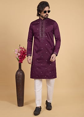 Dark Purple Silk Embroidered Sequins Kurta Pyjama