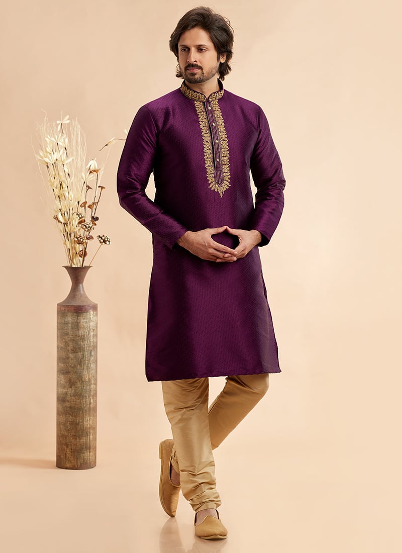 Dark Purple Silk Jacquard Kurta Pyjama Festive Wear