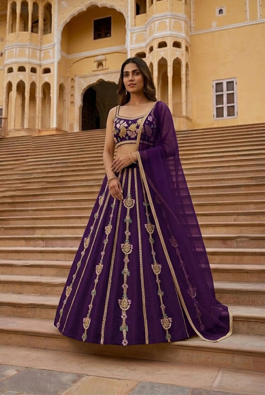 Dark Purple Silk Zari Resham Embroidered Lehenga Festive Wear