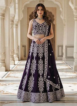 Dark Purple Silk Zari Sequins Embroidered Lehenga