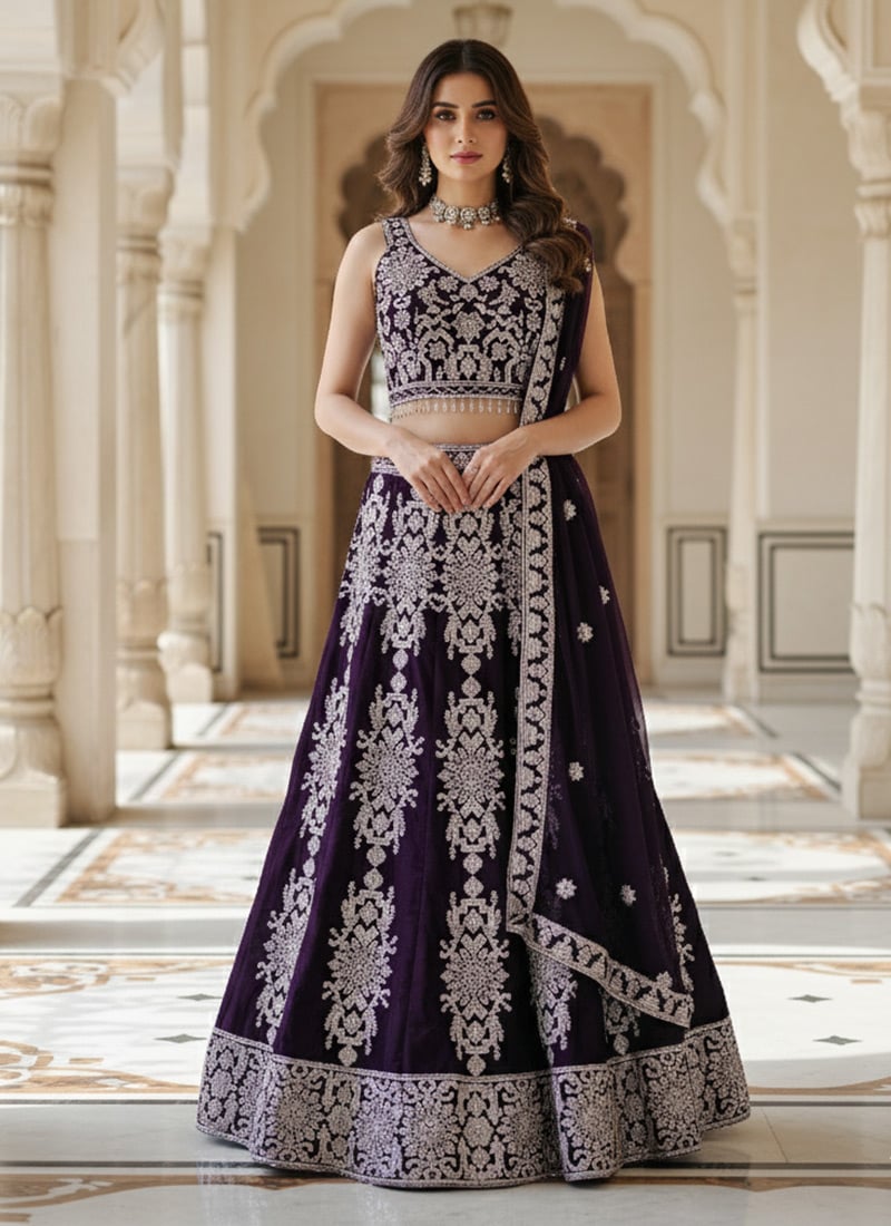 Dark Purple Silk Zari Sequins Embroidered Lehenga Wedding Wear