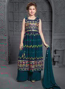 Dark Rama Blue Georgette Embroidery Palazzo Suit