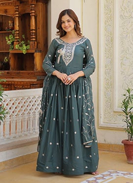 Dark Rama Green Faux Georgette Embroidered Sequins Anarkali Suit