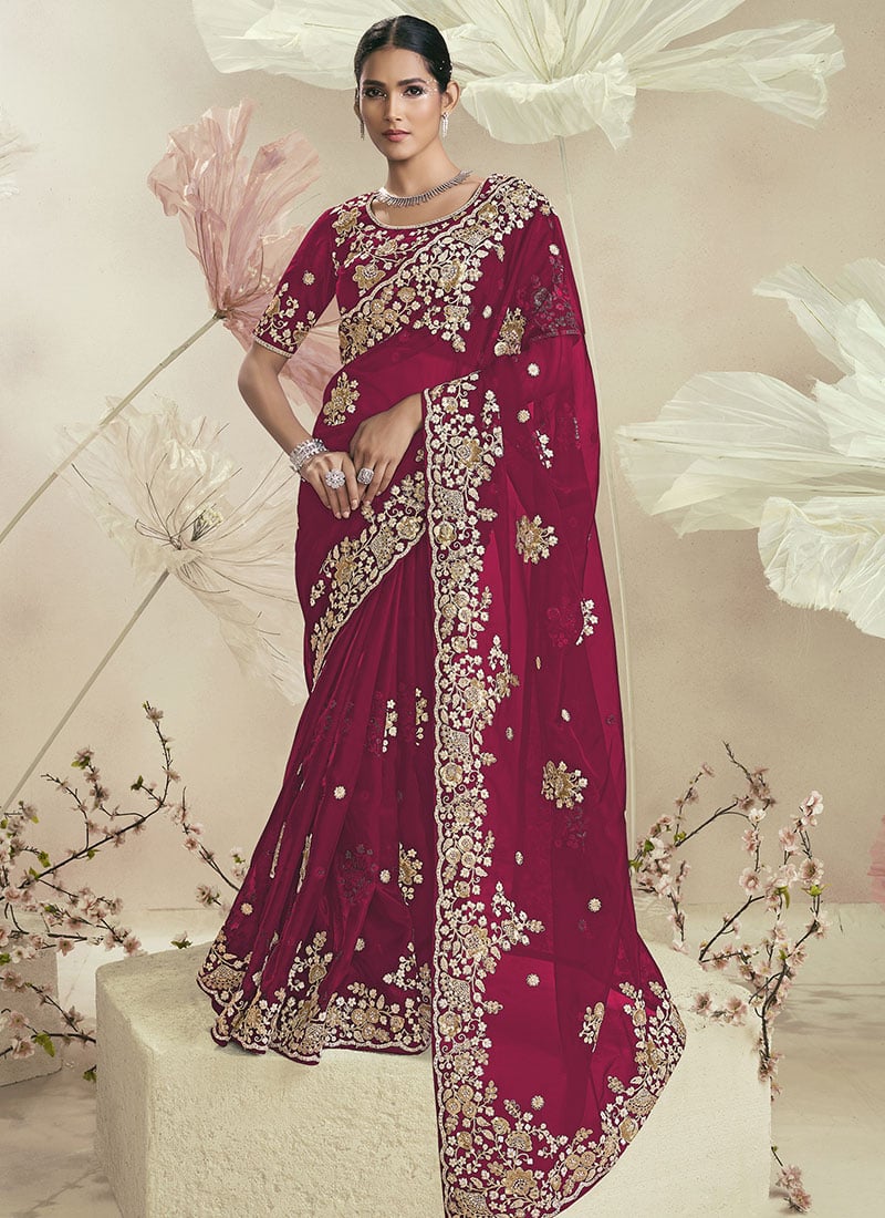 Dark Rani Pink Organza Embroidered Sequins And Zari Saree Wedding Wear