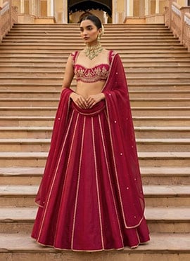 Dark Rani Pink Silk Hand Embroidered Cutdana Sequins Beads Lehenga