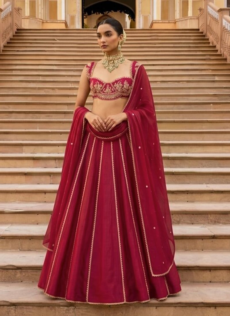 Dark Rani Pink Silk Hand Embroidered Cutdana Sequins Beads Lehenga Wedding Wear