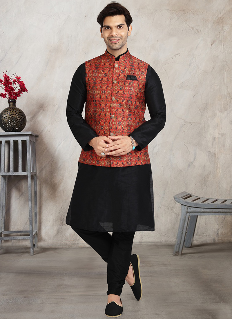 Dark Red Art Benarasi Silk Printed Bandi Set Party Wear