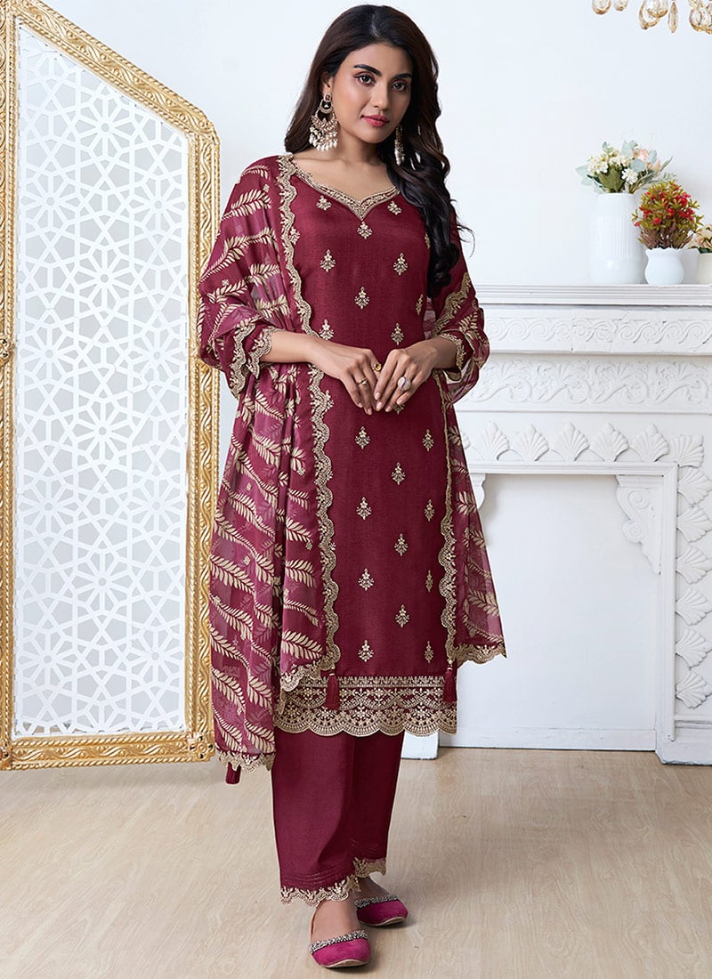 Dark Red Dola Silk Cut Work Straight Pant Suit