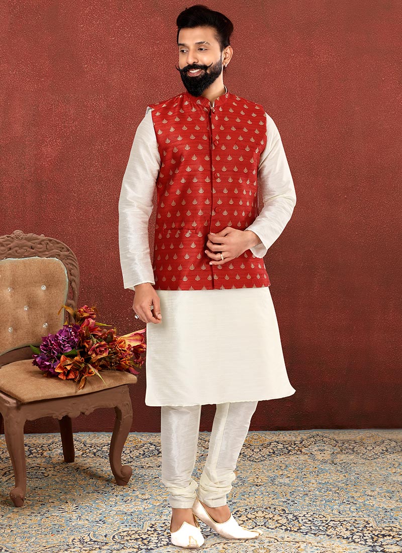 Dark Red Dupion Silk Embroidered Bandi Set Party Wear