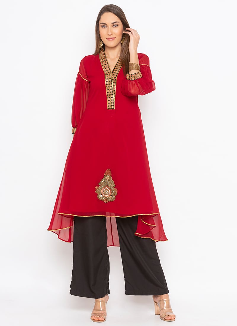 Dark Red Georgette Embroidered Knee Length Kurti After Six Wear