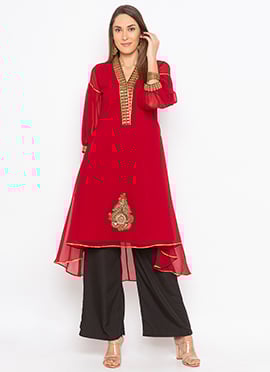 Dark Red Georgette Embroidered Kurta Palazzo Set
