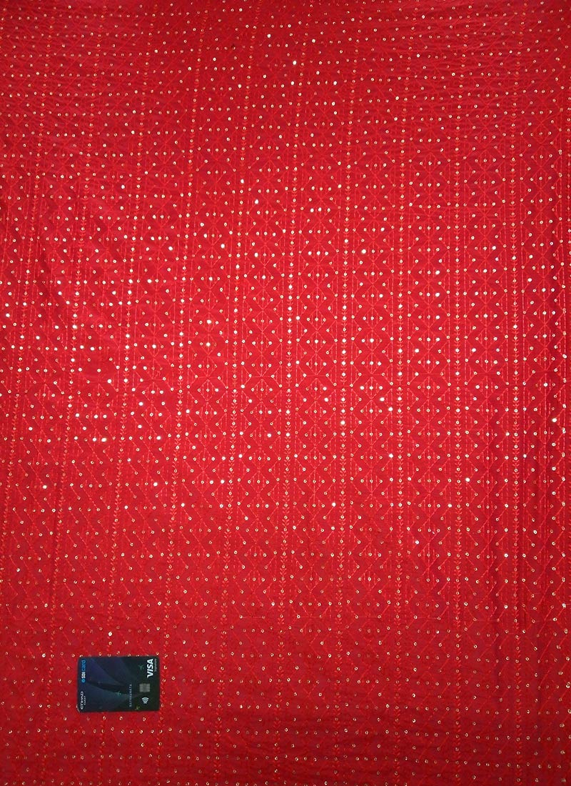 Dark Red Georgette Sequins Embroidered Fabric