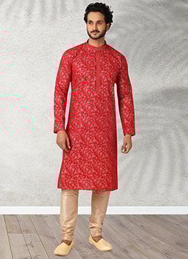 Dark Red Handloom Cotton Printed Kurta Pyjama