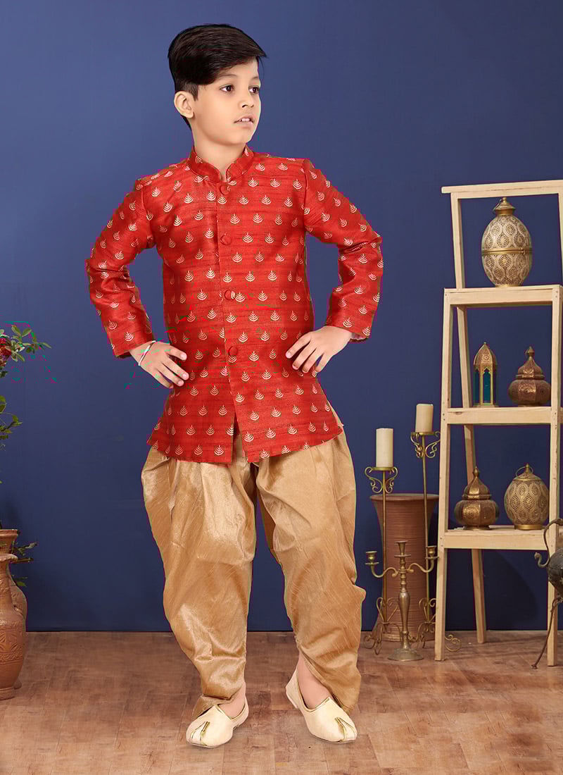 Dark Red Jacquard Silk Boys Classic Sherwani