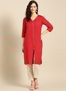 Dark Red Rayon Soild Stitched Knee Length Kurti