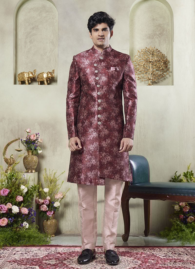 Dark Red Silk Printed Indowestern Sherwani Festive Wear