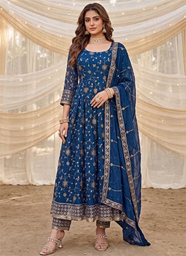 Dark Royal Blue Fandy Silk Zari Sequins Anarkali Suit
