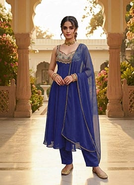 Dark Royal Blue Georgette Zari Resham Anarkali Suit